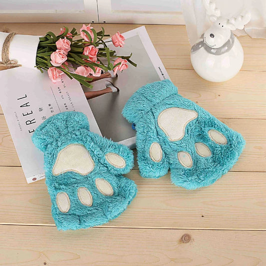 New Women Cute Cat Claw Paw Plush Mittens Warm Soft Plush Short Fingerless Fluffy Bear Cat Gloves Costume Half Finger Party Gift - MANDOTOS