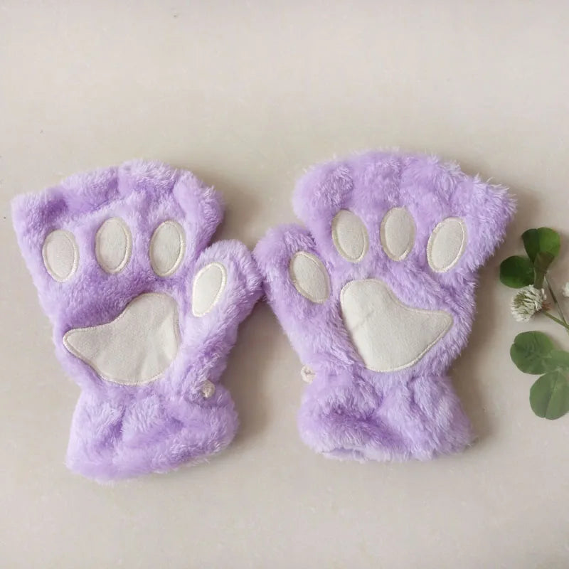 New Women Cute Cat Claw Paw Plush Mittens Warm Soft Plush Short Fingerless Fluffy Bear Cat Gloves Costume Half Finger Party Gift - MANDOTOS