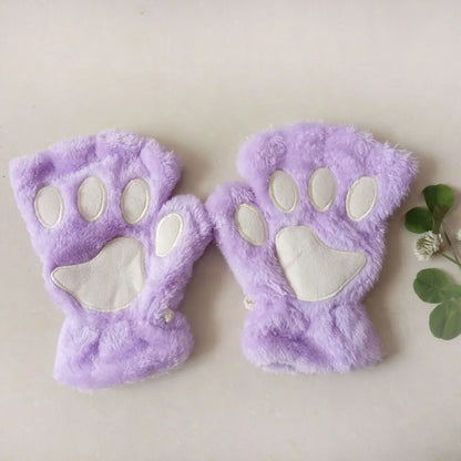 New Women Cute Cat Claw Paw Plush Mittens Warm Soft Plush Short Fingerless Fluffy Bear Cat Gloves Costume Half Finger Party Gift - MANDOTOS