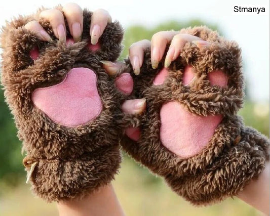 New Women Cute Cat Claw Paw Plush Mittens Warm Soft Plush Short Fingerless Fluffy Bear Cat Gloves Costume Half Finger Party Gift - MANDOTOS