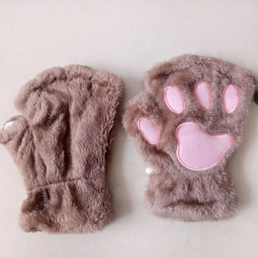 New Women Cute Cat Claw Paw Plush Mittens Warm Soft Plush Short Fingerless Fluffy Bear Cat Gloves Costume Half Finger Party Gift - MANDOTOS