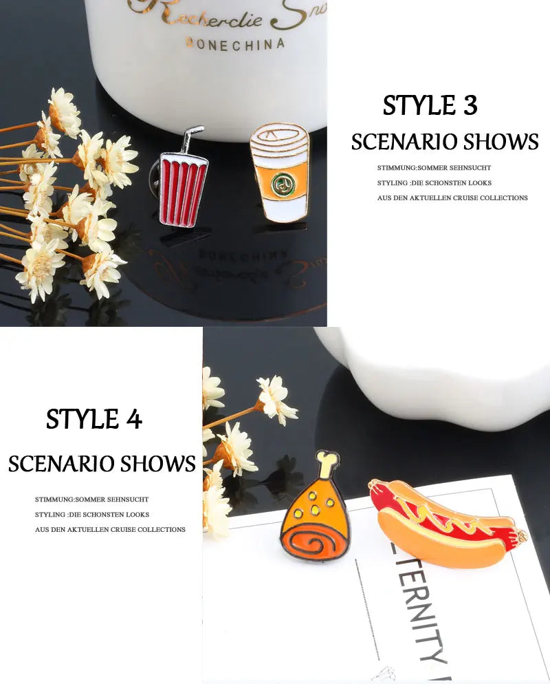 13 Style Snack Brooch Burger Pizza Chicken Drinks Coffee Popcorn French Fries Hot Dog Enamel Pins Food Brooche For Women Jewelry - MANDOTOS