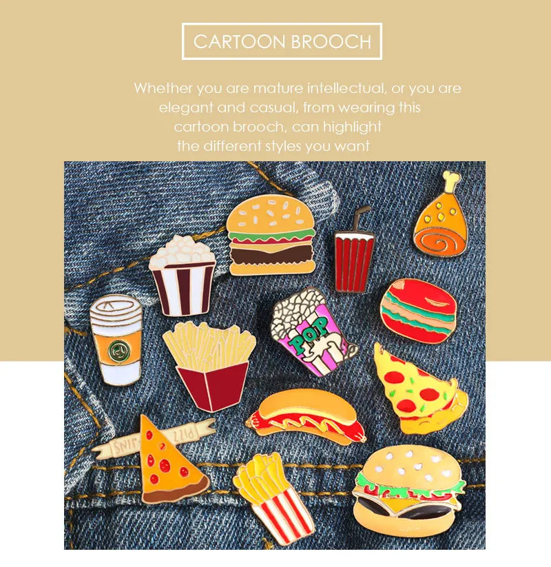 13 Style Snack Brooch Burger Pizza Chicken Drinks Coffee Popcorn French Fries Hot Dog Enamel Pins Food Brooche For Women Jewelry - MANDOTOS