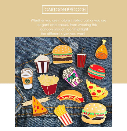 13 Style Snack Brooch Burger Pizza Chicken Drinks Coffee Popcorn French Fries Hot Dog Enamel Pins Food Brooche For Women Jewelry - MANDOTOS