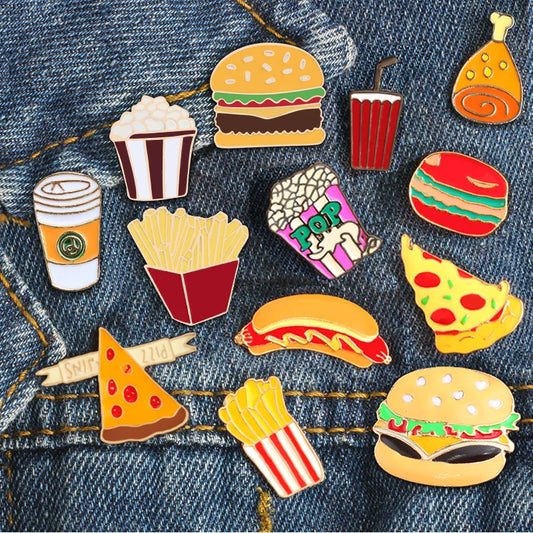 13 Style Snack Brooch Burger Pizza Chicken Drinks Coffee Popcorn French Fries Hot Dog Enamel Pins Food Brooche For Women Jewelry - MANDOTOS