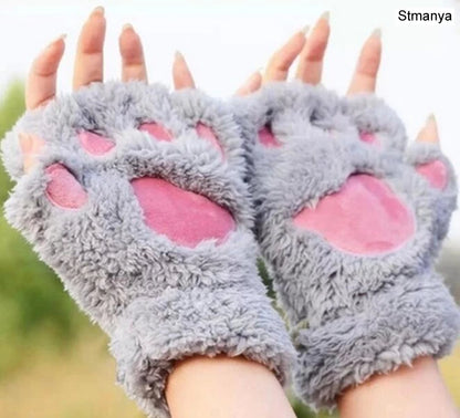 New Women Cute Cat Claw Paw Plush Mittens Warm Soft Plush Short Fingerless Fluffy Bear Cat Gloves Costume Half Finger Party Gift - MANDOTOS