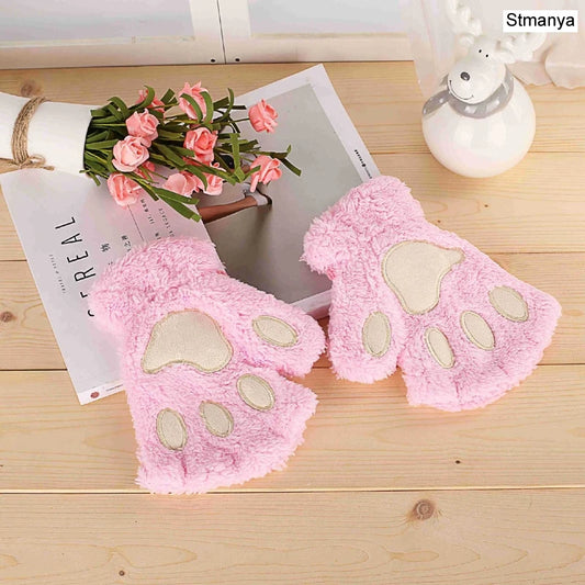 New Women Cute Cat Claw Paw Plush Mittens Warm Soft Plush Short Fingerless Fluffy Bear Cat Gloves Costume Half Finger Party Gift - MANDOTOS