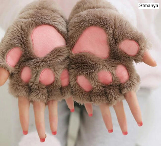 New Women Cute Cat Claw Paw Plush Mittens Warm Soft Plush Short Fingerless Fluffy Bear Cat Gloves Costume Half Finger Party Gift - MANDOTOS