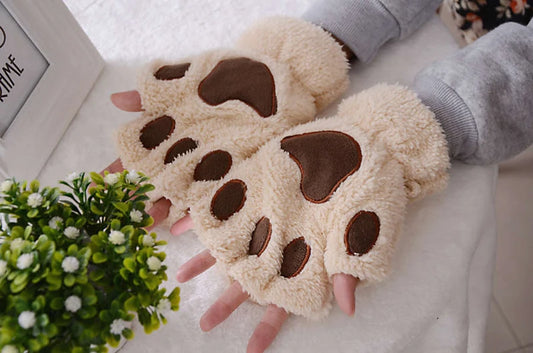 New Women Cute Cat Claw Paw Plush Mittens Warm Soft Plush Short Fingerless Fluffy Bear Cat Gloves Costume Half Finger Party Gift - MANDOTOS