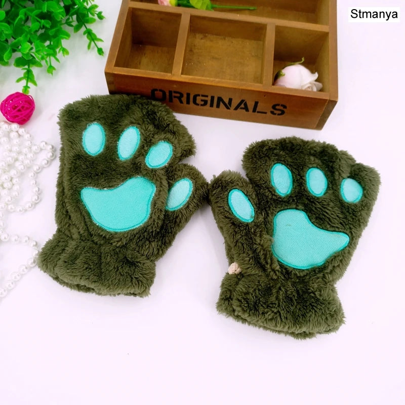 New Women Cute Cat Claw Paw Plush Mittens Warm Soft Plush Short Fingerless Fluffy Bear Cat Gloves Costume Half Finger Party Gift - MANDOTOS