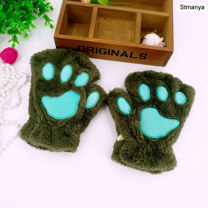 New Women Cute Cat Claw Paw Plush Mittens Warm Soft Plush Short Fingerless Fluffy Bear Cat Gloves Costume Half Finger Party Gift - MANDOTOS