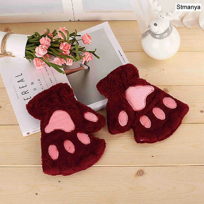 New Women Cute Cat Claw Paw Plush Mittens Warm Soft Plush Short Fingerless Fluffy Bear Cat Gloves Costume Half Finger Party Gift - MANDOTOS