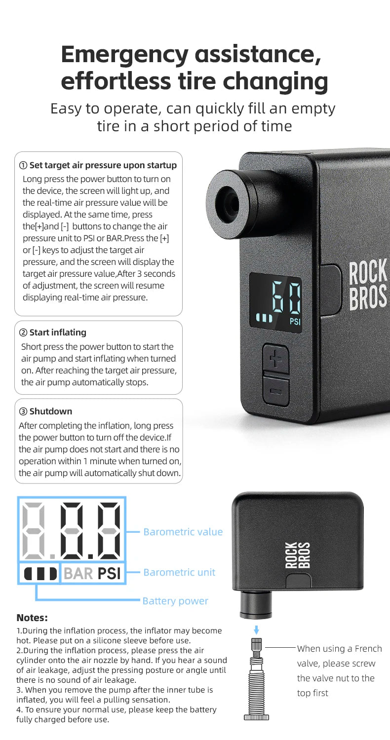 ROCKBROS Portable Mini Electric Bicycle Pump 120PSI Type-C Bike Tire Air Inflator Pump MTB Road AV FV Valve Cycling Pump - MANDOTOS