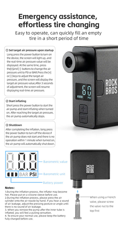ROCKBROS Portable Mini Electric Bicycle Pump 120PSI Type-C Bike Tire Air Inflator Pump MTB Road AV FV Valve Cycling Pump - MANDOTOS
