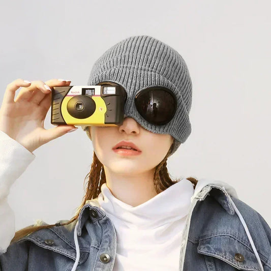 Brimless Hat With Goggles For Men And Women In Winter Hat Neutral Solid Color Skull Knitted Hat In Winter - MANDOTOS