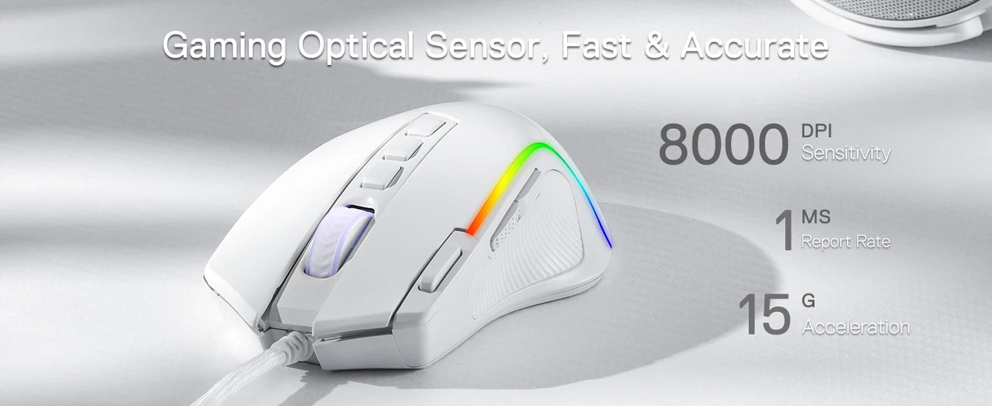 Redragon M612 Predator RGB Gaming Mouse 8000 DPI Wired Optical with 11 Programmable Buttons, White - MANDOTOS