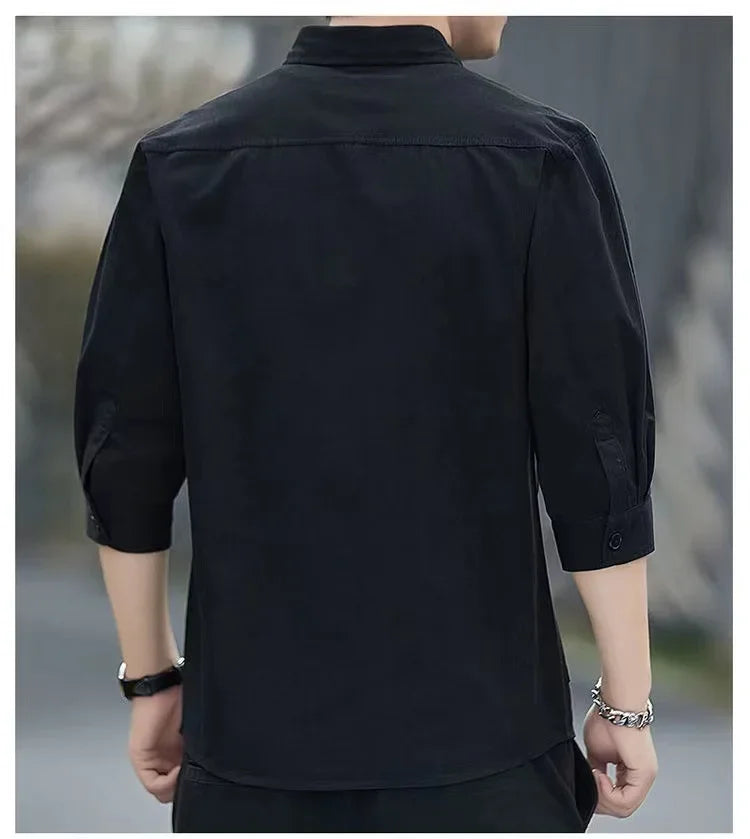 Men shirts Summer Men's clothing Short-Sleeved shirts & blouses Daily Solid Color Stand-Up Collar Casual Beach Style Male Shirt - MANDOTOS