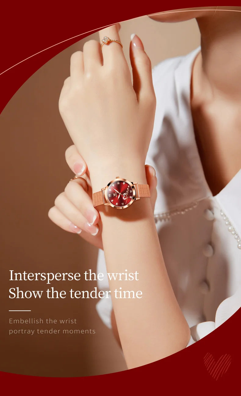 OLEVS Luxury Fashion Ladies' Watches Rose Gold Top Brand Original Quartz Watch for Women Stainless Steel Mesh Strap Love Dial