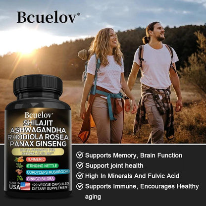Shilajit Resin Himalaya Capsules - 15250 mg - Combination of Ashwagandha, Ginseng, Cordyceps, Ginkgo, Turmeric - MANDOTOS
