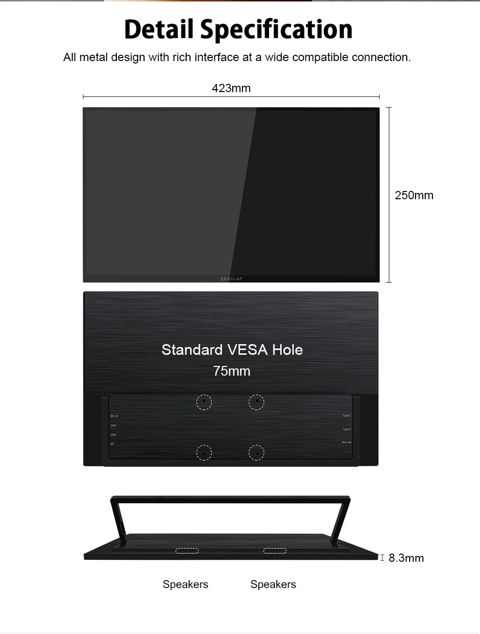ZEUSLAP 18.5" Touch Screen Portable Monitor 100Hz 100% sRGB With Screen Holder Stand For Laptop Phone Xbox PS4 PS5 Switch