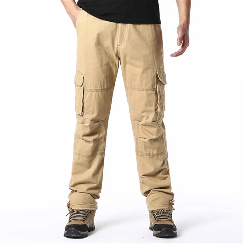 Large Pocket Loose Overalls Men's Outdoor Sports Jogging Tactical Pants Elastic Waist Pure Cotton Casual Work Pants - MANDOTOS