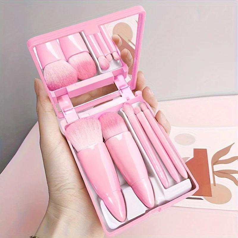 5Pcs Portable Makeup Brush Set With Mirror - Foldable Travel Kit ,Mini Makeup Brush Set Travel Makeup Brush Set - MANDOTOS