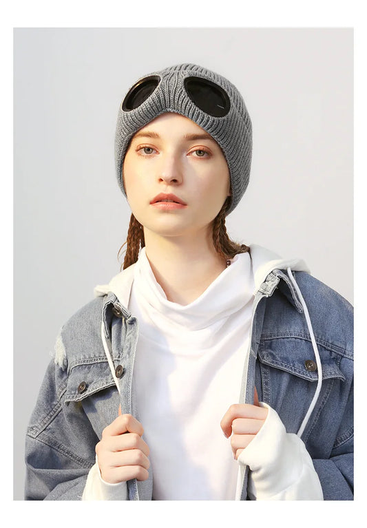 Brimless Hat With Goggles For Men And Women In Winter Hat Neutral Solid Color Skull Knitted Hat In Winter - MANDOTOS