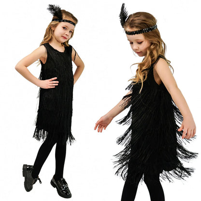 Girl Party Dress Girls Flapper Dress Carnival Sequins Fringe Latin Dance Dress Tassel Tango Dress Ballroom Costume With Feather - MANDOTOS