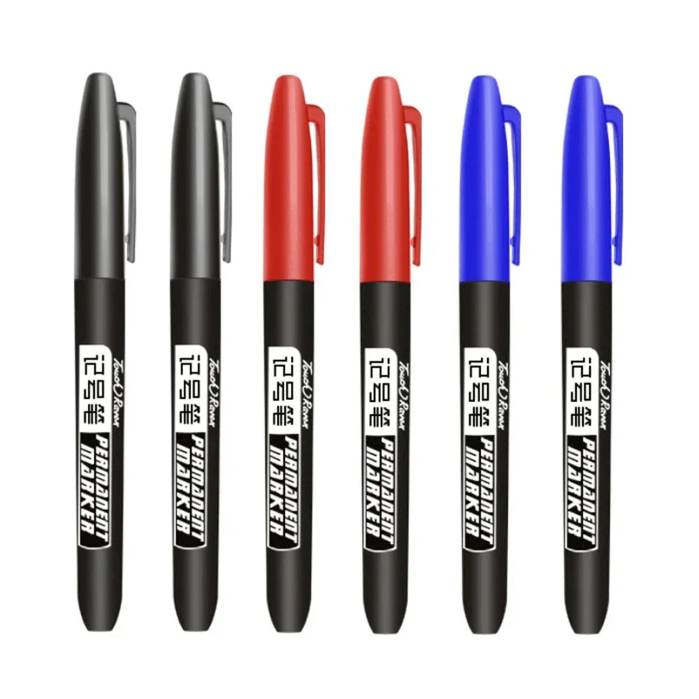 6PCs/Set Permanent Marker Pen Fine Point Waterproof Markers Thin Nib Crude Nib Black Blue Red Ink 1.5mm Fine Color Marker Pens
