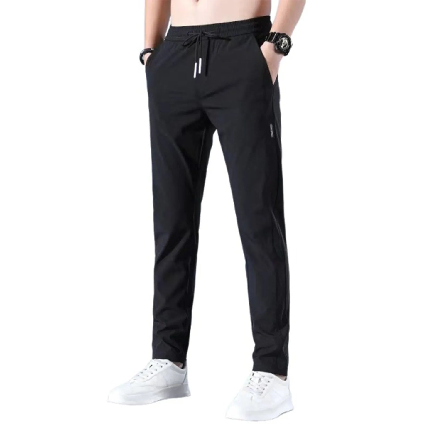 Men Fast Dry Stretch Pants Ice Silk Trousers Solid Color Mid-Waist Loose Breathable Straight-Leg Casual Pants Thin Sports Pants