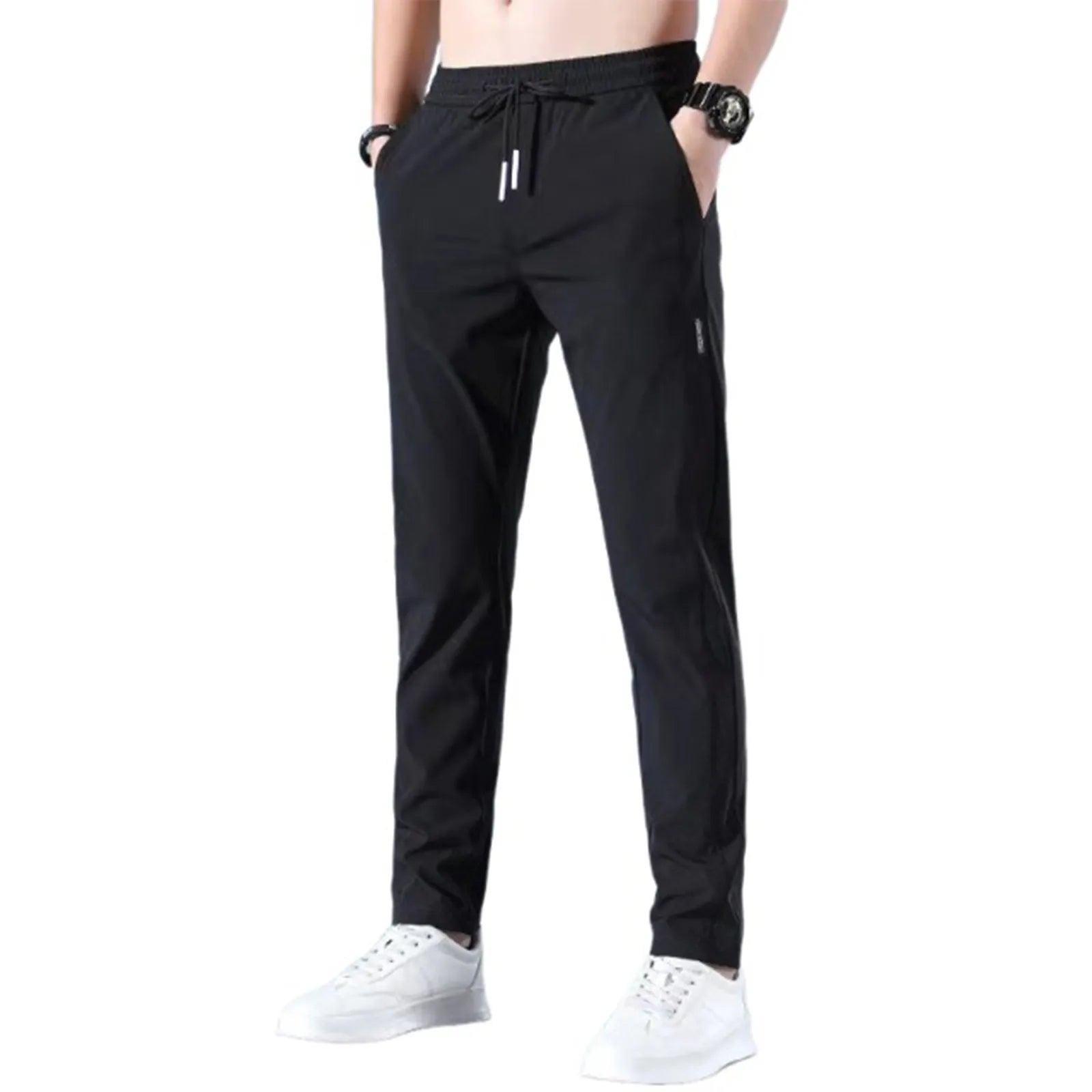Men Fast Dry Stretch Pants Ice Silk Trousers Solid Color Mid-Waist Loose Breathable Straight-Leg Casual Pants Thin Sports Pants
