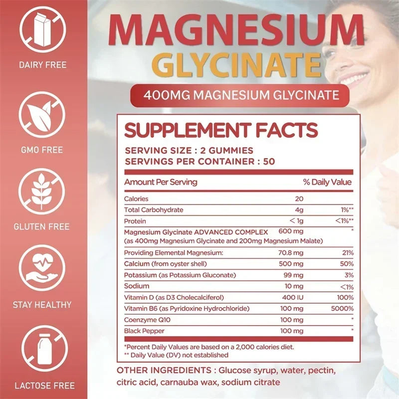 Magnesium Glycinate Gummies - Calm, Relieves Stress, Promotes Sleep, Support Memory, Concentration & Muscle Spasms - 120pcs