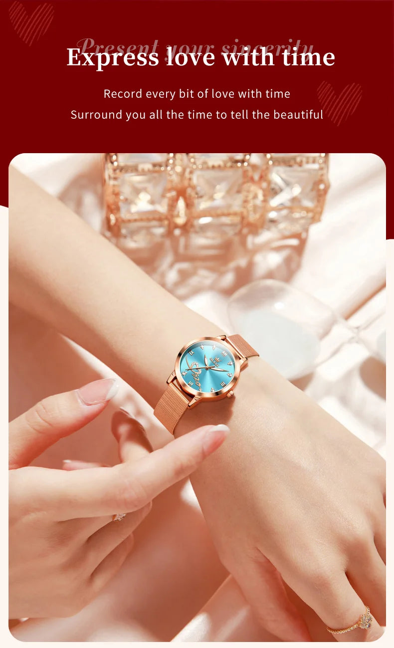 OLEVS Luxury Fashion Ladies' Watches Rose Gold Top Brand Original Quartz Watch for Women Stainless Steel Mesh Strap Love Dial