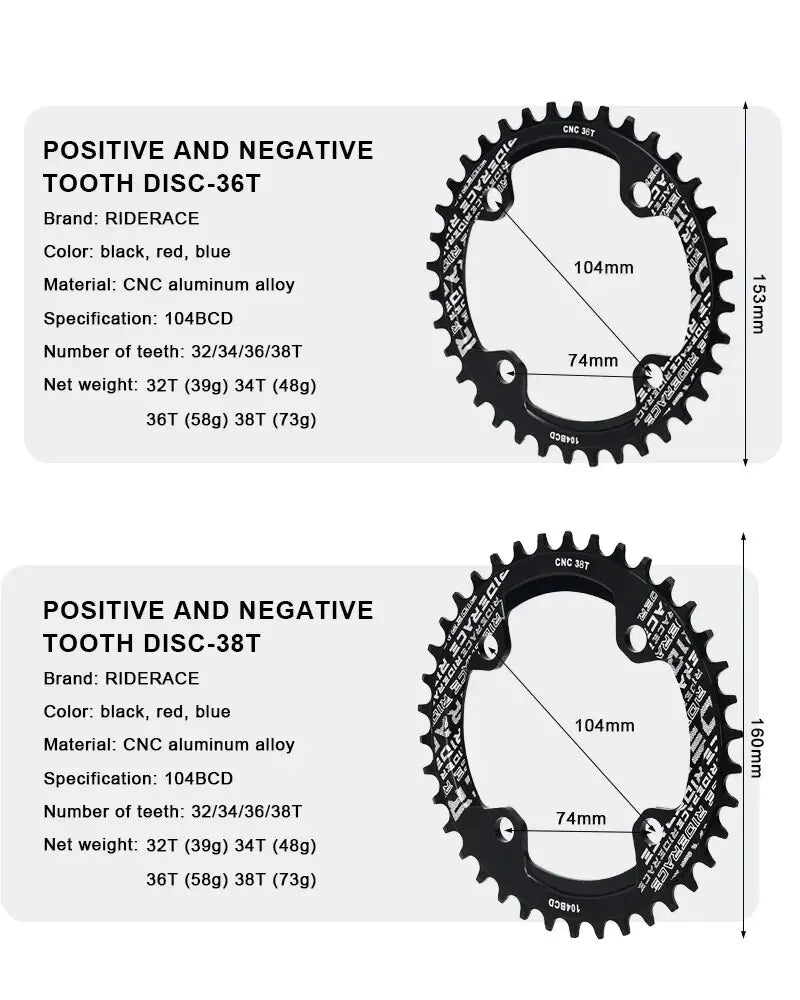 RIDERACE Bicycle Crank Chainring 104BCD Round Shape Narrow Wide 32T/34T/36T/38T Mountain Bike Crankset Chainwheel Single Plate