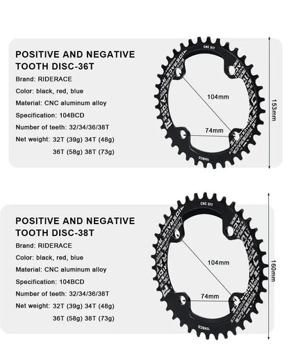 RIDERACE Bicycle Crank Chainring 104BCD Round Shape Narrow Wide 32T/34T/36T/38T Mountain Bike Crankset Chainwheel Single Plate