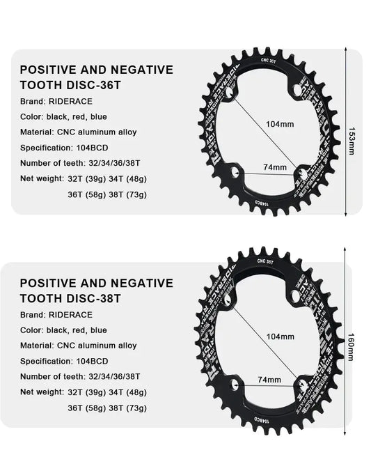 RIDERACE Bicycle Crank Chainring 104BCD Round Shape Narrow Wide 32T/34T/36T/38T Mountain Bike Crankset Chainwheel Single Plate