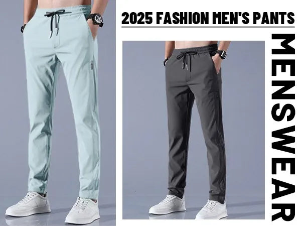 Men Fast Dry Stretch Pants Ice Silk Trousers Solid Color Mid-Waist Loose Breathable Straight-Leg Casual Pants Thin Sports Pants