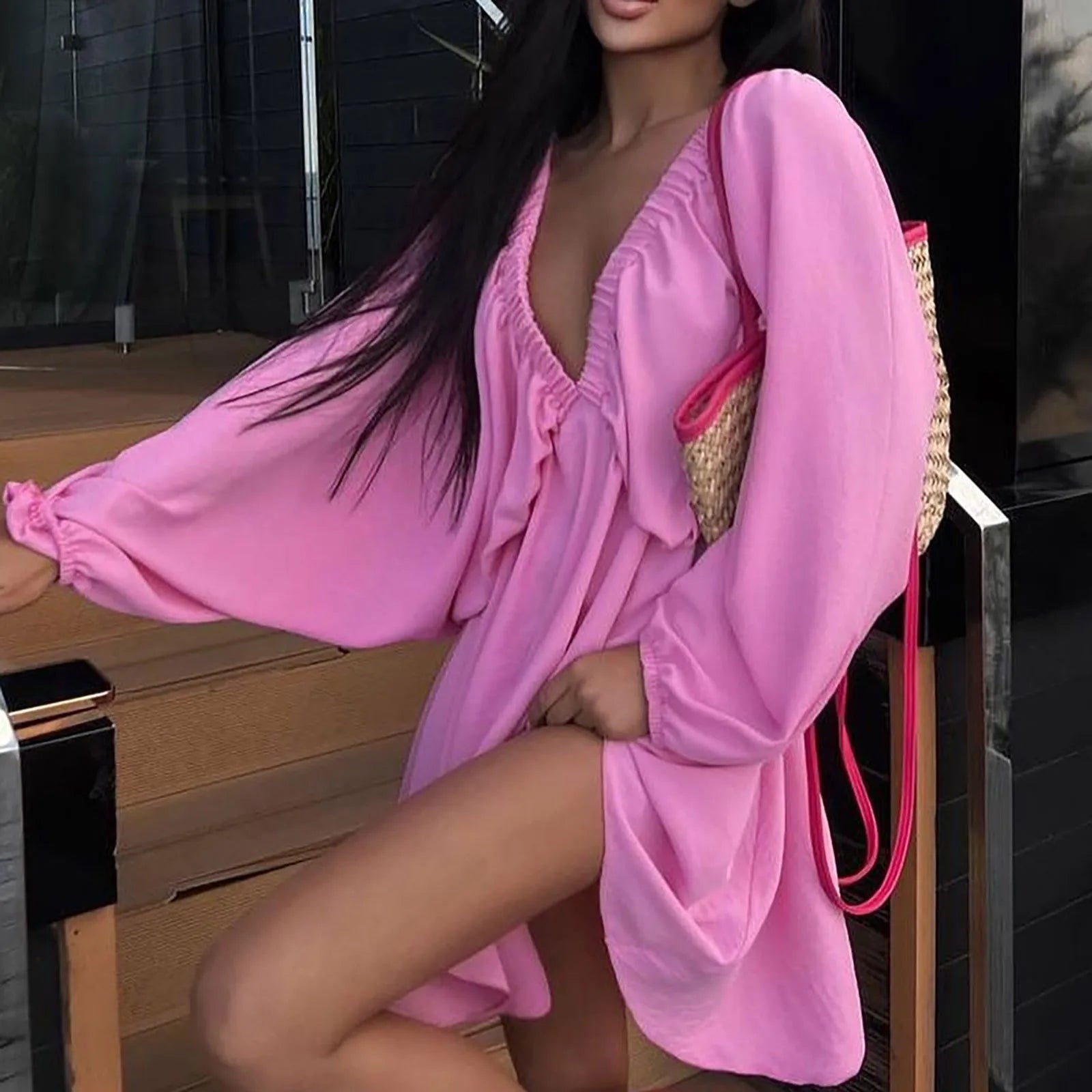 Deep V Neck Sexy Dress Temperament Retro Solid Color Pleated Dress Elegant Long Sleeve Large Size Casual Womens Dresses ropa - MANDOTOS