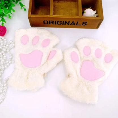 New Women Cute Cat Claw Paw Plush Mittens Warm Soft Plush Short Fingerless Fluffy Bear Cat Gloves Costume Half Finger Party Gift - MANDOTOS