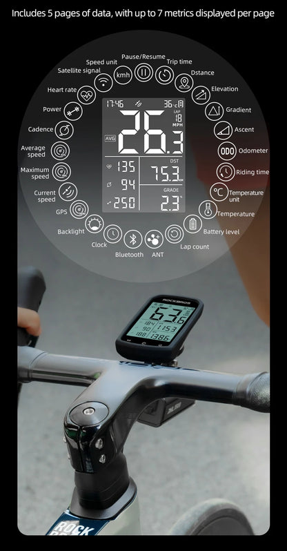 ROCKBROS Bicycle Computer GPS 5.0 ANT Bluetooth Waterproof Wireless Cyclocomputer Speedometer Bike Stopwatch Bike Accessories - MANDOTOS