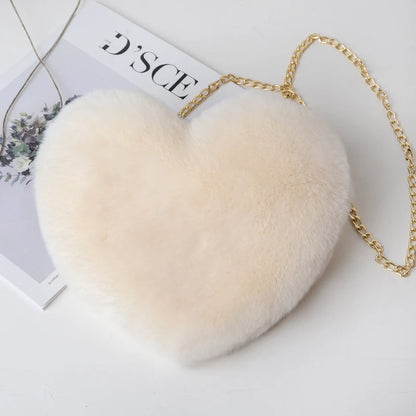 Fashion Women's Heart Shaped Handbags Cute Faux Fur Crossbody Bags Lady Soft Plush Chain Shoulder Bag Shopper Totes - MANDOTOS