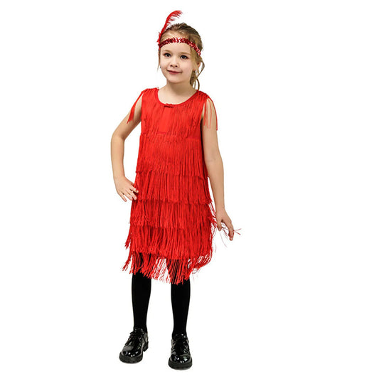 Girl Party Dress Girls Flapper Dress Carnival Sequins Fringe Latin Dance Dress Tassel Tango Dress Ballroom Costume With Feather - MANDOTOS