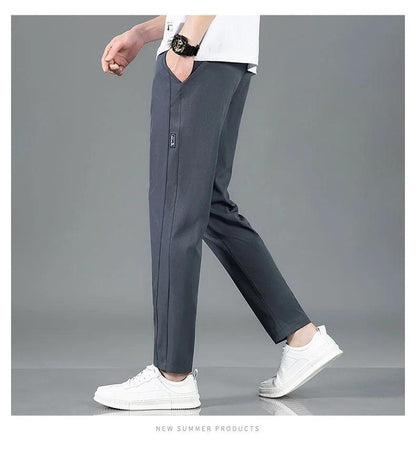 Ice Silk Men's Pants 2025 Summer New Black Gray Thin Business Casual Pants Outdoor Elastic Breathable Straight Leg Sweatpants - MANDOTOS