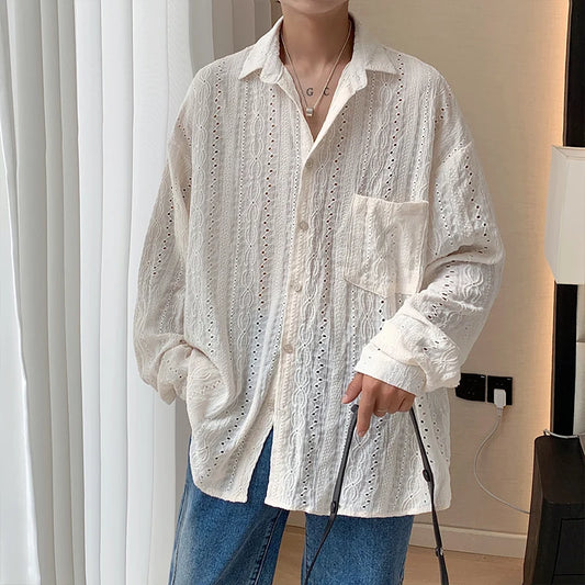 Shirts for men Apricot Handsome Lapel Men Blouse Vacation Hollow Out Sexy Fashion Men Clothing Male Mesh Long-sleeved Shirts - MANDOTOS