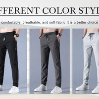 Men Fast Dry Stretch Pants Ice Silk Trousers Solid Color Mid-Waist Loose Breathable Straight-Leg Casual Pants Thin Sports Pants