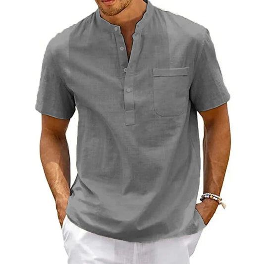 Cotton Linen Shirt Men Henley Neck Pocket Casual Beach Short Sleeve Solid Color Male Tops T-shirts Vintage Streetwear - MANDOTOS