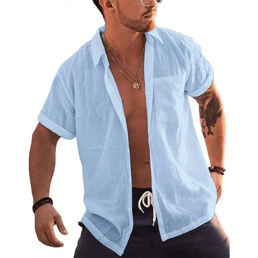 Mens Short Sleeve Button Up Shirts Linen Cotton Beach Tops Turn Down Collar Summer T Shirt with Pocket - MANDOTOS