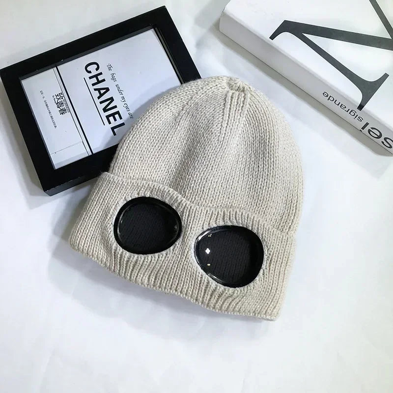 Brimless Hat With Goggles For Men And Women In Winter Hat Neutral Solid Color Skull Knitted Hat In Winter - MANDOTOS