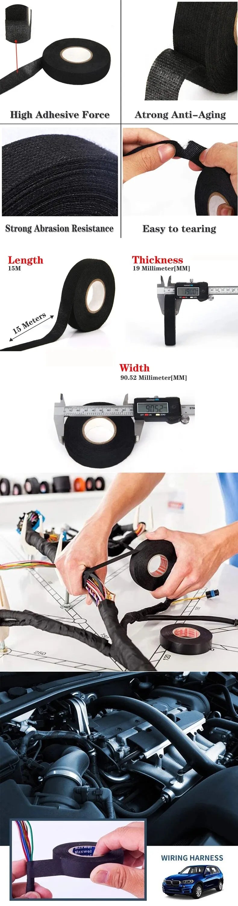 15 Meter Heat-resistant Flame Retardant Tape Coroplast Adhesive Cloth Tape For Car Cable Harness Wiring Loom Protection - MANDOTOS