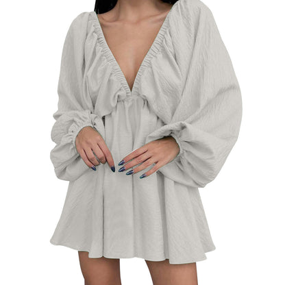 Deep V Neck Sexy Dress Temperament Retro Solid Color Pleated Dress Elegant Long Sleeve Large Size Casual Womens Dresses ropa - MANDOTOS